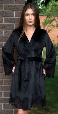 Велюровый халат средней длины с кружевом Shato, Черный, XXL